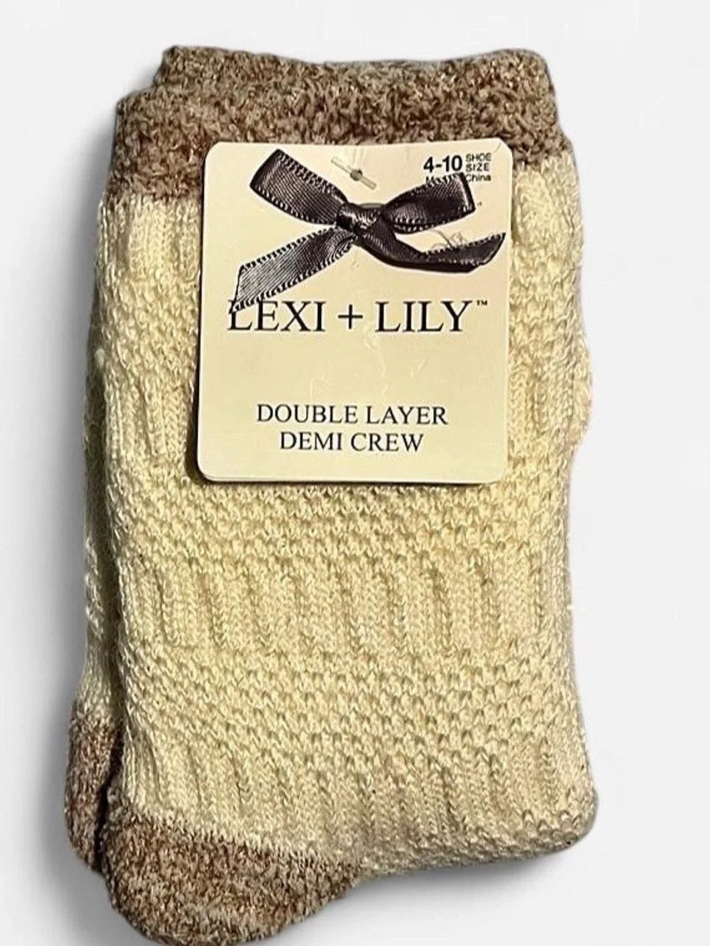 Double Layer Demi Crew Socks in Cream with Brown Accents